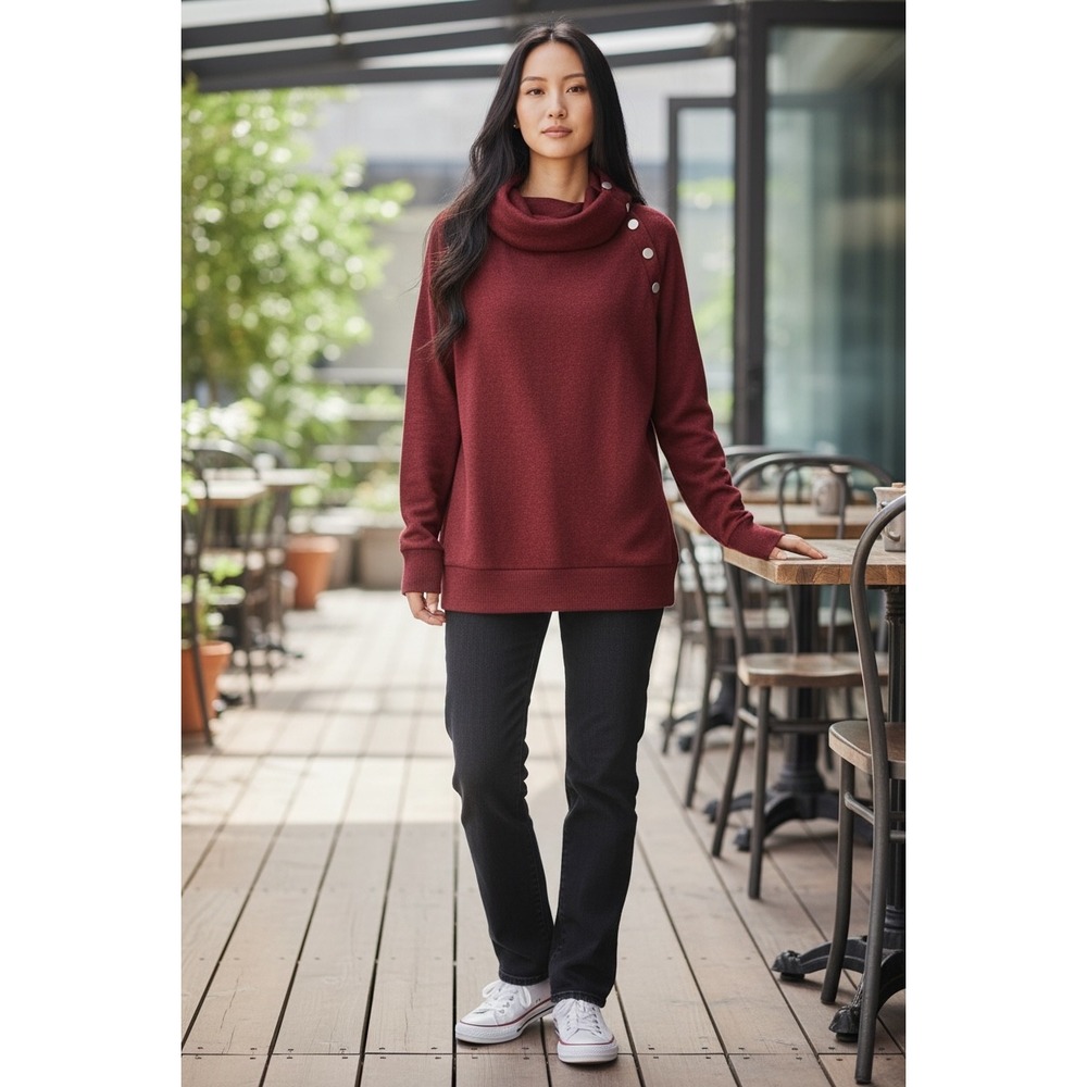 884 NY Collection Petite Cowl Neck Button Detail Pullover Top Maroon PM NWT